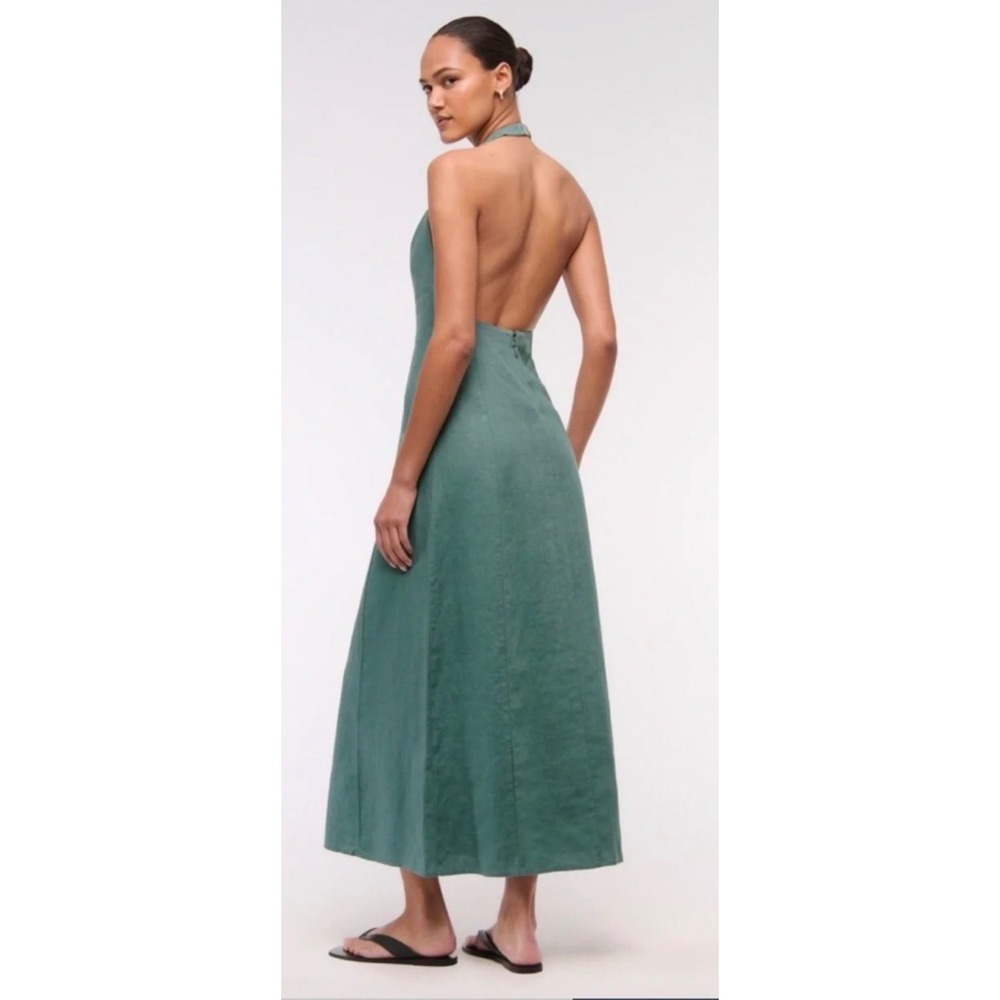 Abercrombie & Fitch Linen Halter Maxi Dress Sage Green High Neck Medium - Picture 11 of 11